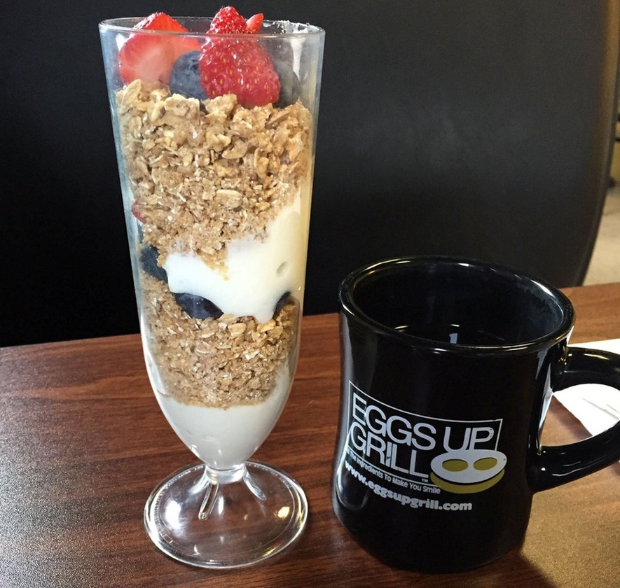 Eggs Up Grill Breakfast Restaurant Downtown Greenville - parfait and coffee