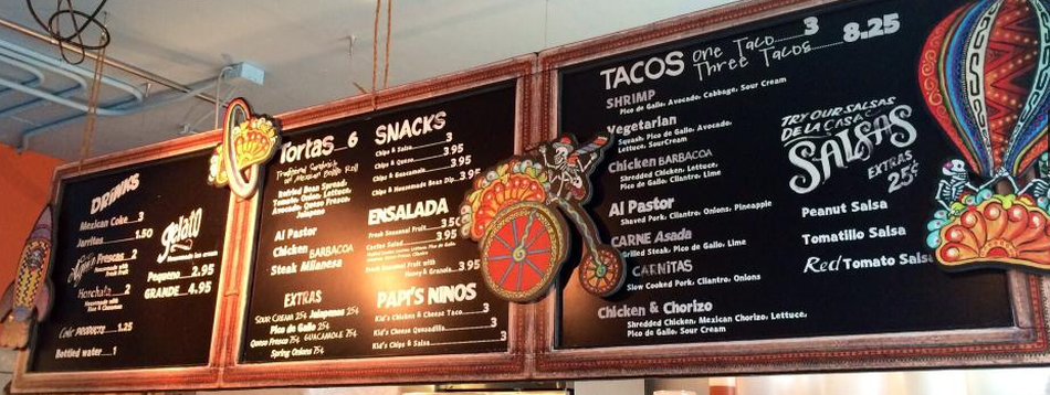 Papi's Tacos Downtown Greenville Mexican restaurant - MENU BOARD